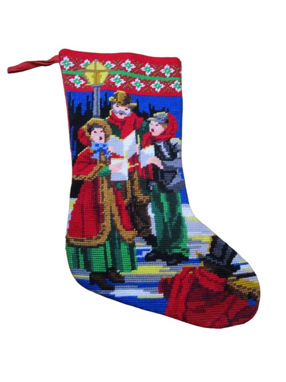 Vintage Needlepoint Christmas Stocking Carolers Scene Red Green 15" Hanging Deco